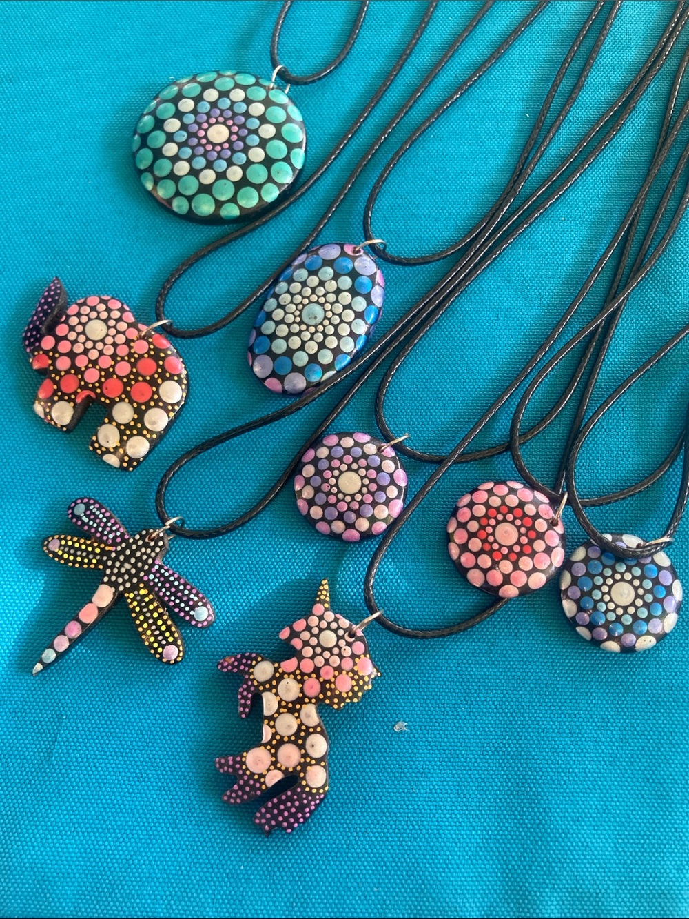 Hand-Painted Dot Mandala Pendant Necklace - Pink, Purple, Blue